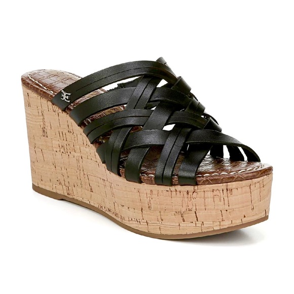 Sam Edelman Devon Wedge Leather Sandal Black 9 - Picture 2 of 7